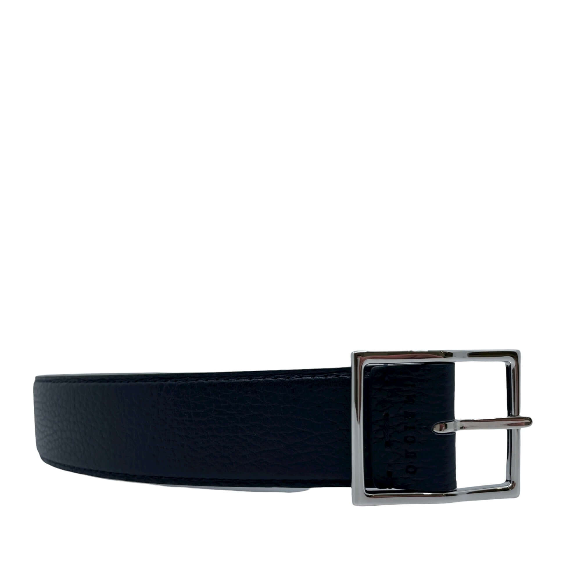 Cintura reversibile in pelle navy con fibbia nichel lucido, made in Italy, 3,5 cm di altezza.