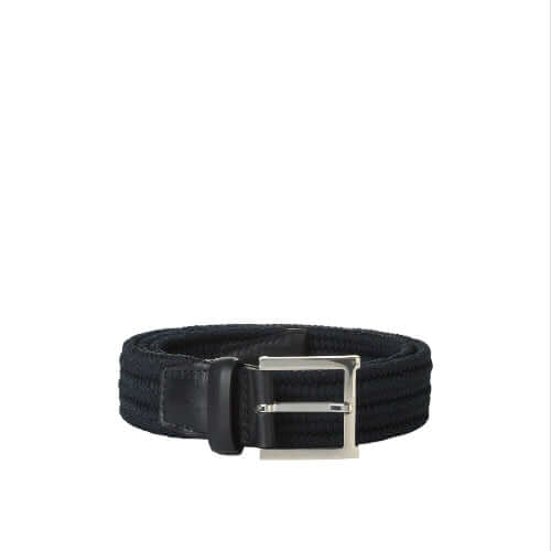 Cintura elasticizzata navy sailor in tessuto con fibbia palladio, dettaglio in pelle, Made in Italy.