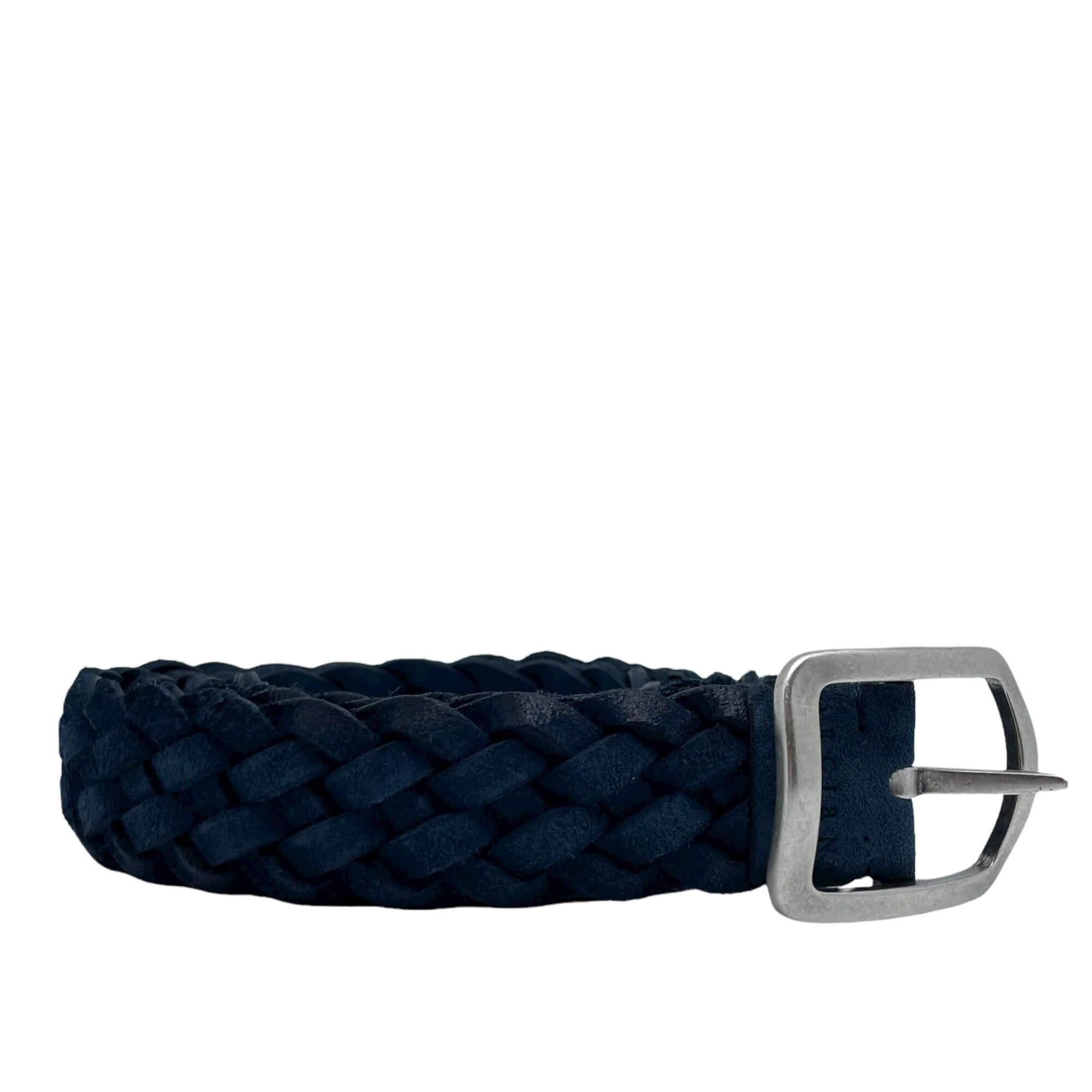 Cintura Hunting Double Blu in pelle, cintura intrecciata in suede spazzolato, fibbia argentata, made in Italy.