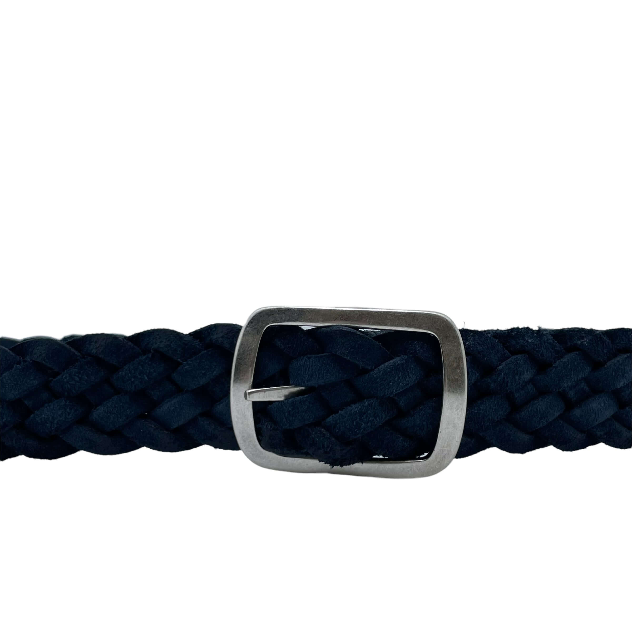 Cintura Hunting Double Blu in pelle, cinturino intrecciato in suede spazzolato con fibbia argento, made in Italy.