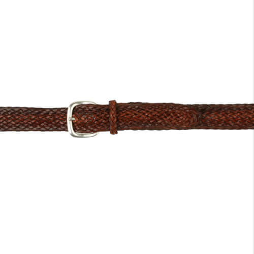 Cintura intrecciata maschile in cuoio bruciato, fibbia argentata, made in Italy, h. 3,5 cm.