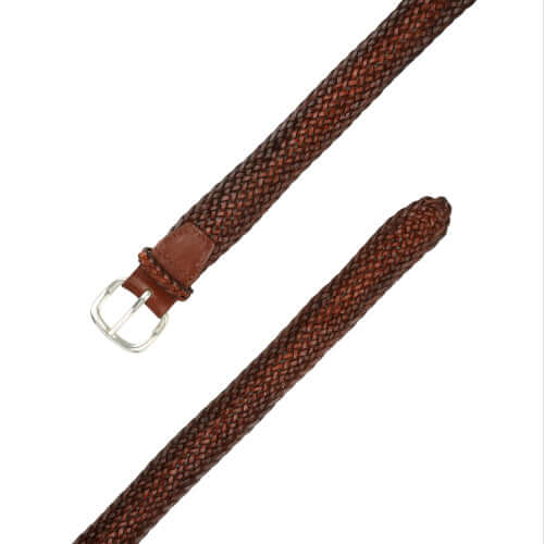 Cintura intrecciata in cuoio bruciato con fibbia argento, 3,5 cm, made in Italy. Elegante e resistente.