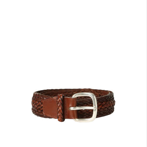 Cintura intrecciata in cuoio bruciato con fibbia argento, 3,5 cm, made in Italy.