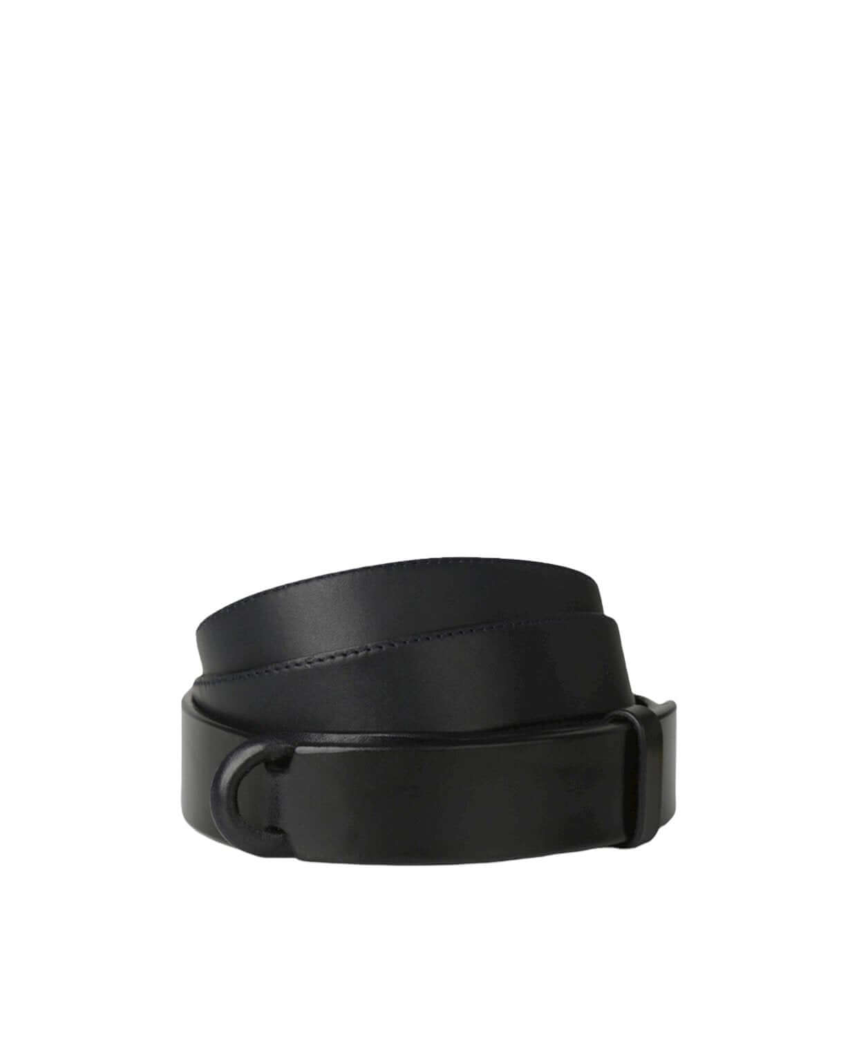 Cintura Nobuckle in cuoio nero, alta 3 cm, taglia unica, regolabile da 42 a 58, anello scorrevole, made in Italy.