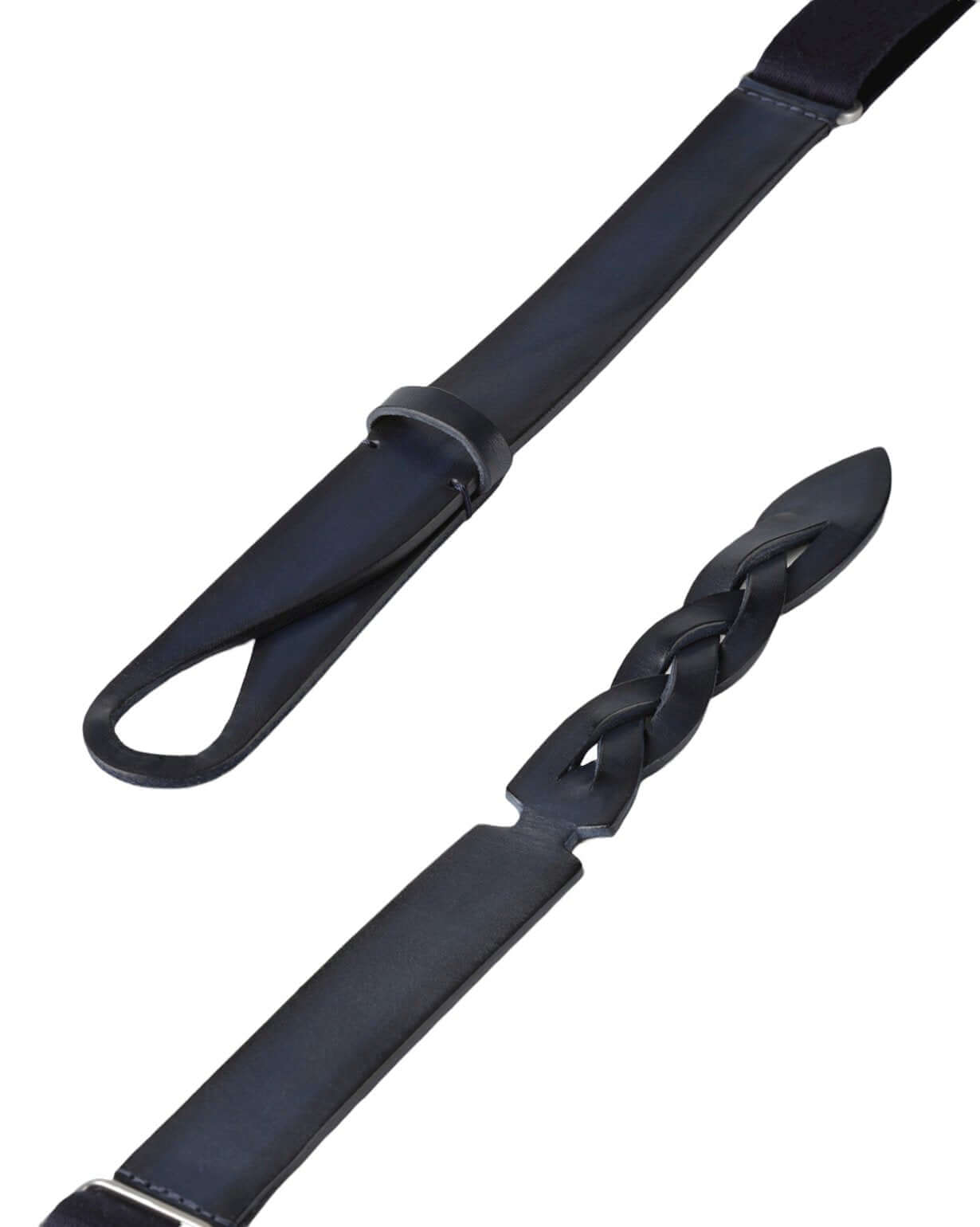 Cintura Nobuckle Dive: black leather belt with woven tip, adjustable size 42 to 58, made in Italy, nickel finish.