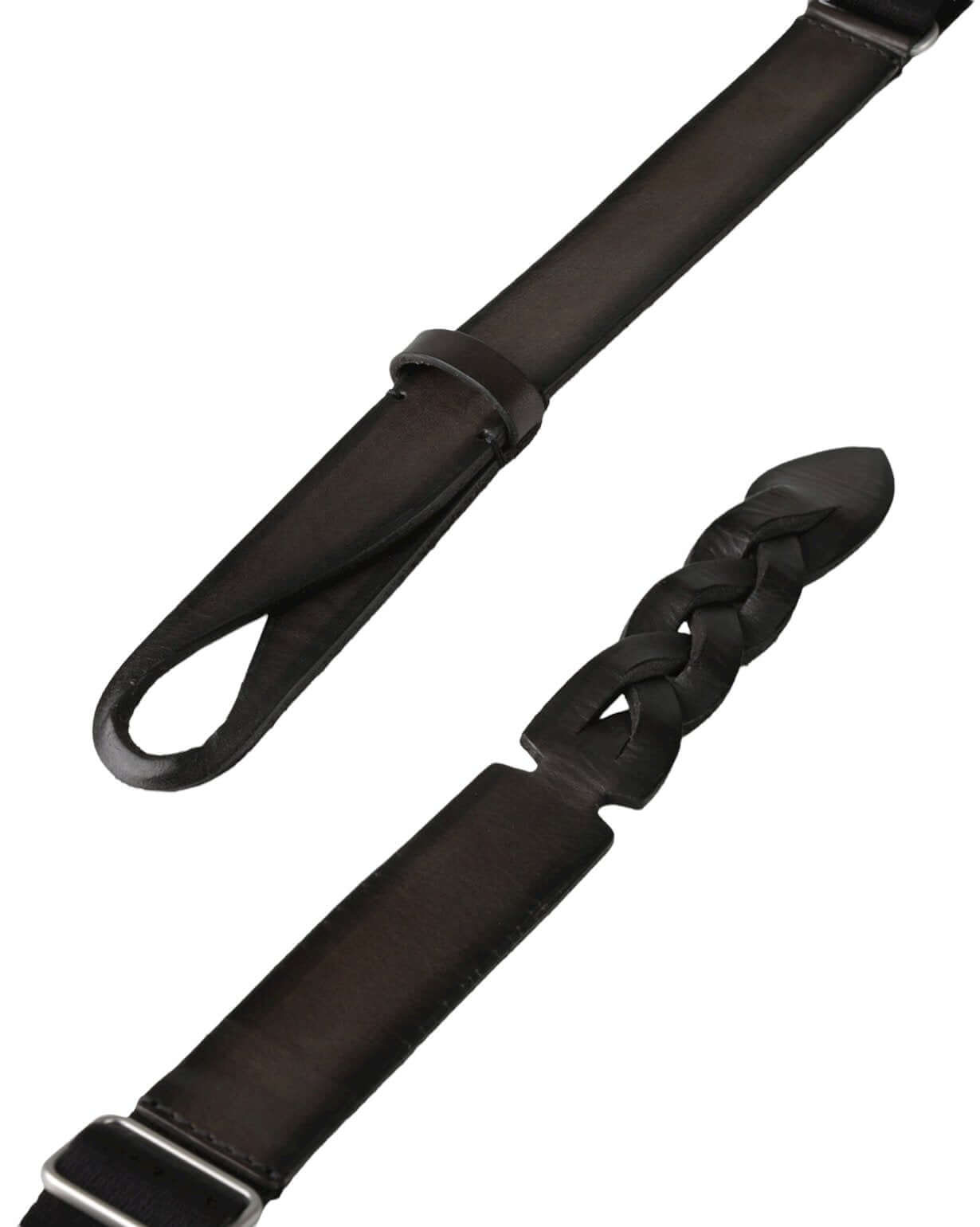 Cintura Nobuckle Dive in cuoio nero, semplice con punta intrecciata, taglia unica regolabile da tg. 42 a tg. 58.
