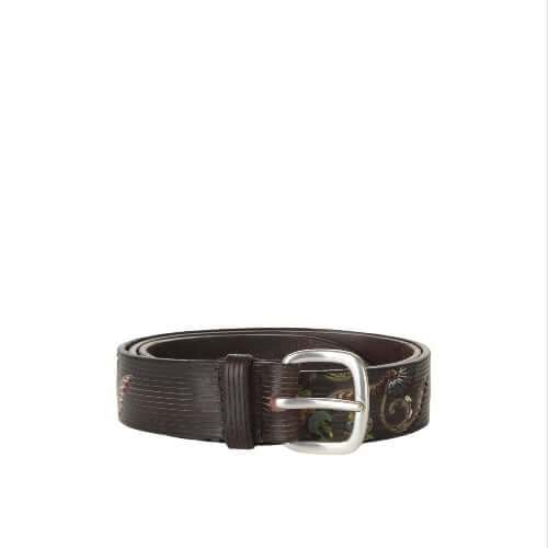 Cintura Paisley Cuoio Unique, 3.5 cm height, silver buckle, hand-painted leather, Made in Italy.