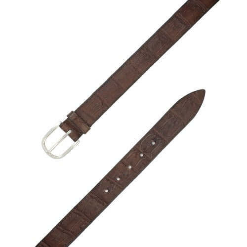 Cintura sportiva pregiata in coccodrillo colore marrone con fibbia finitura argento, made in Italy, h. 3,5 cm.