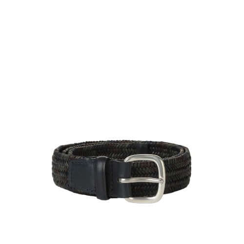 Cintura sportiva intrecciata in pelle nera, fibbia palladio, elastica, Made in Italy, altezza 3,5 cm.