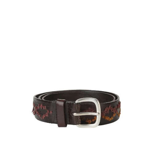 Cintura sportiva in cuoio scuro con ricamo multicolor e fibbia argentata, made in Italy, altezza 3,5 cm.