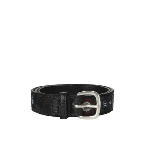 Cintura sportiva in pelle H. 3,5 cm con fibbia inglese e ricami multicolore, made in Italy