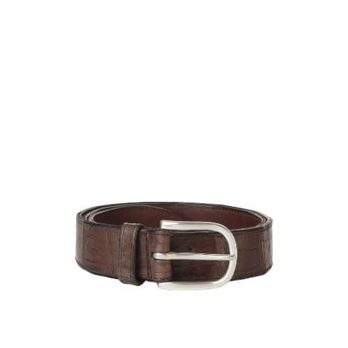 Pregiato cinturino sportivo in coccodrillo, 3.5 cm, con fibbia finitura argento, made in Italy.