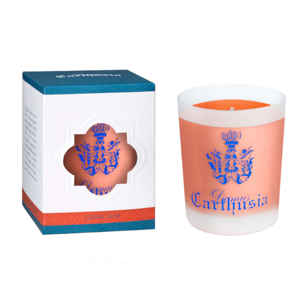 Corallium candle in frosted glass with Carthusia logo, presented in a decorative box, perfect for home fragrance.
