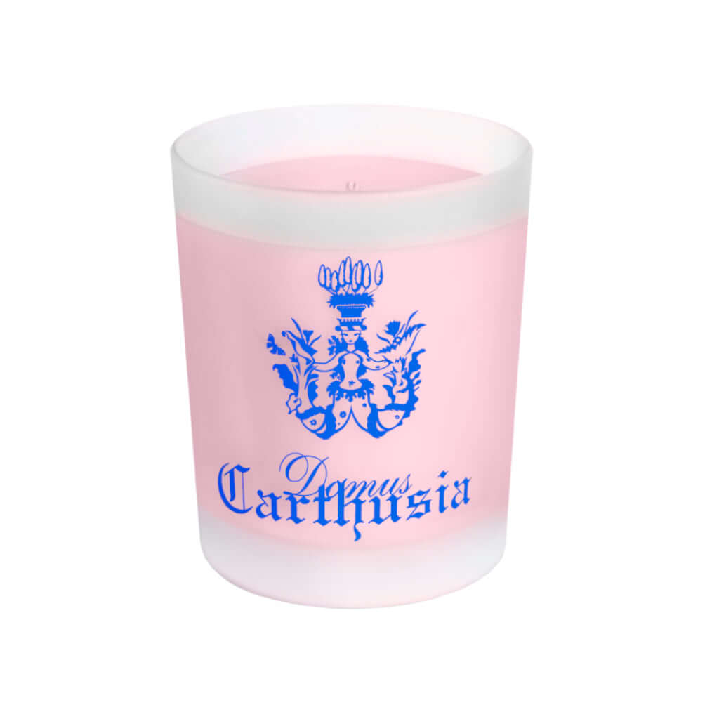 Candle in frosted glass featuring Carthusia logo, scented Fiori di Capri, perfect for home fragrance.