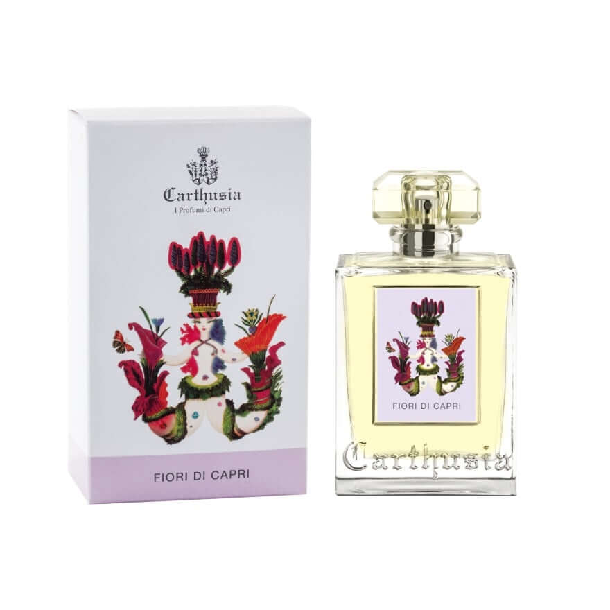 Fiori Di Capri Eau De Parfum bottle and box featuring floral design, 100ml. Elegant fragrance with unique scent notes.