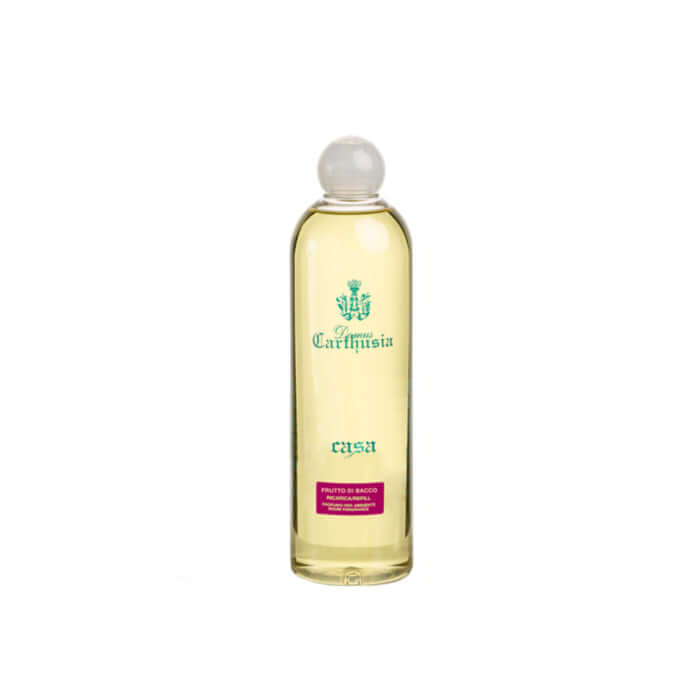 Flacone di plastica con fragranza Frutto di Bacco da 500 ml per ricaricare prodotti Domus Carthusia.