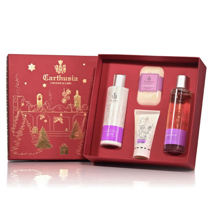 Gelsomini di Capri Marina Piccola Kit in decorative red and gold packaging with bath products for a festive gift.
