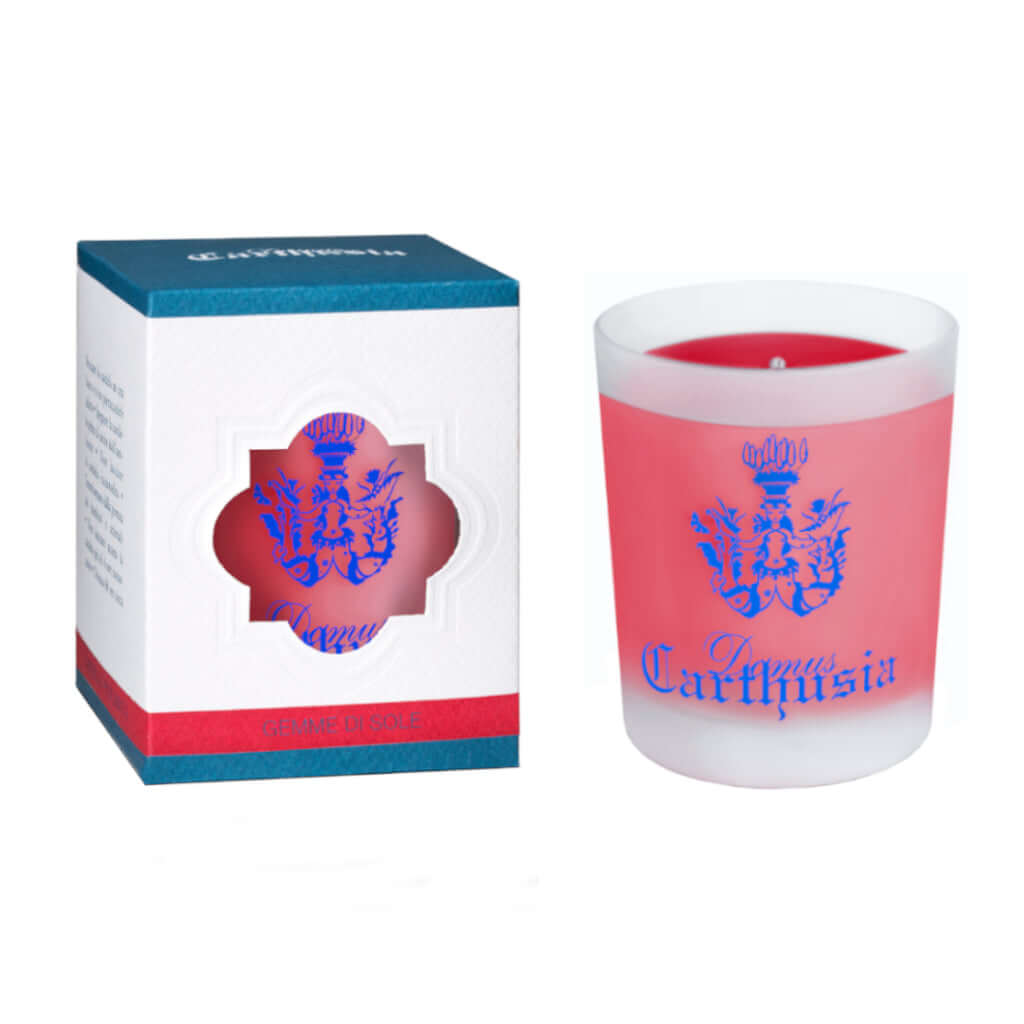 Carthusia Gemme di Sole candle in frosted glass with elegant logo and packaging, perfect for home fragrance.