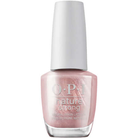 Rose gold vegan nail polish in a bottle, made with 75% plant-based ingredients, lasting up to 7 days.