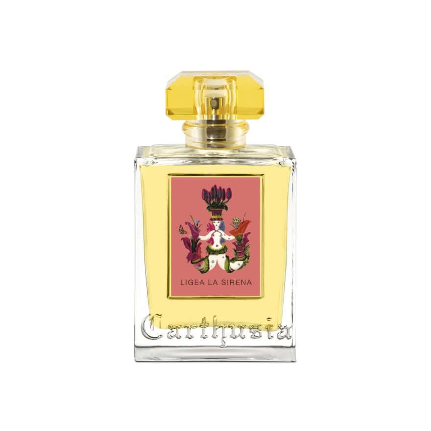 Ligea La Sirena Eau De Parfum bottle featuring a vibrant label and a golden cap, showcasing sensual and fresh fragrance notes.