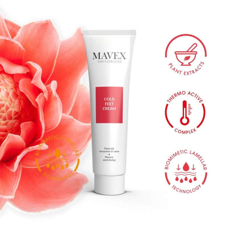 Mavex Cold Feet Cream, 100 ml tube with plant extracts and thermo active complex for warm, revitalized feet.