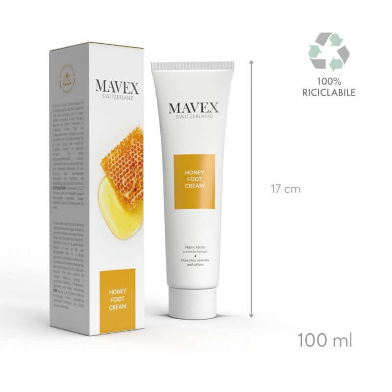 Mavex Honey Foot Cream tube and packaging, 100 ml, designed to hydrate and soften dry feet.