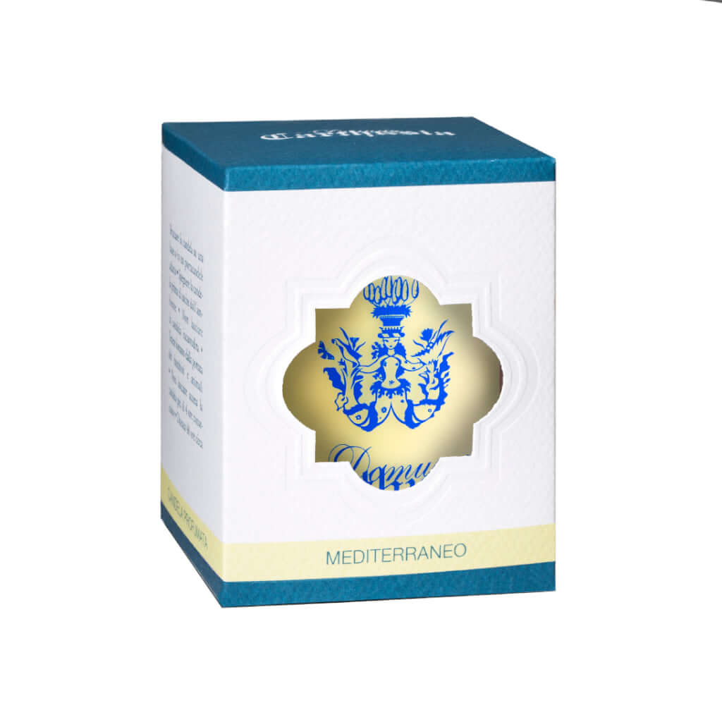 Mediterraneo Candela by Carthusia in a decorative blue and white box, ideal for home fragrance.