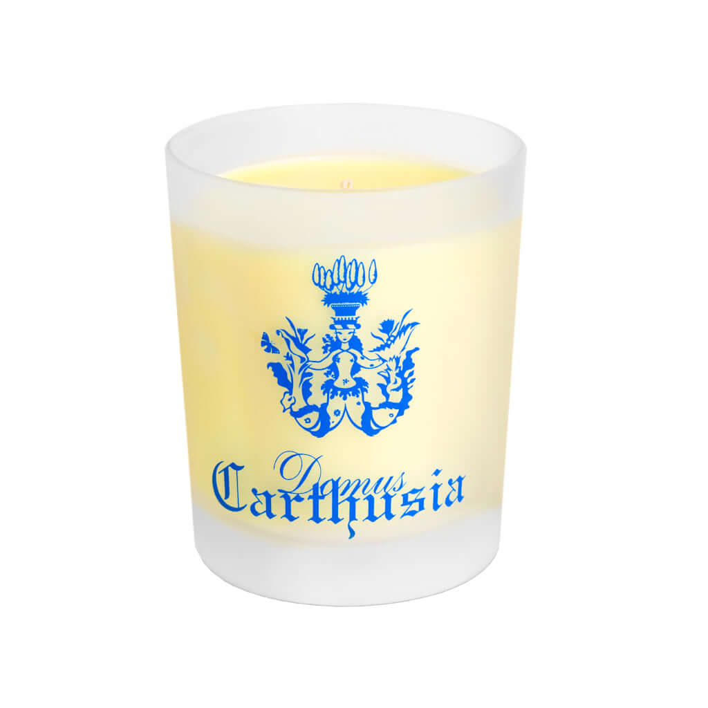 Candela Mediterraneo Carthusia in bicchiere sabbiato, profumo avvolgente per la casa, 190 gr.