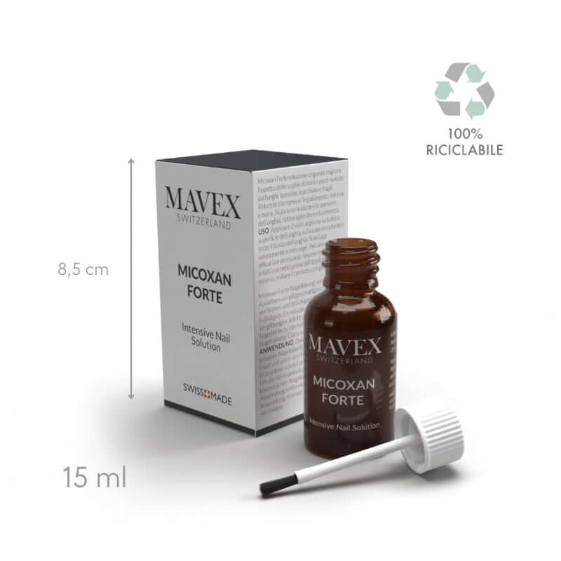 Micoxan Forte 15 ml bottle and box by Mavex for treating damaged nails and fighting fungal infections.