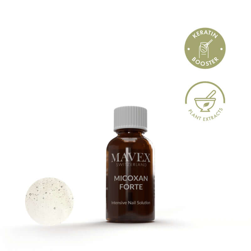 Micoxan Forte intensive nail solution for thick, brittle, and damaged nails, featuring keratin booster and plant extracts.