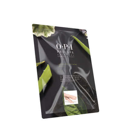 Opi Pro Spa foot mask packaging with aloe, macadamia oil, and shea butter for intense hydration.