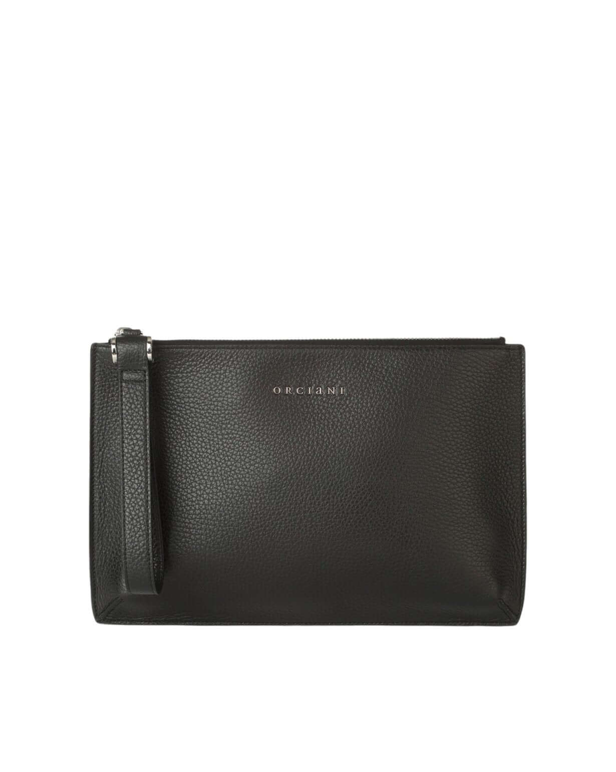 Pochette Micron in pelle nera con polsiera, chiusura zip, RFID, made in Italy, dimensioni 25x14 cm.