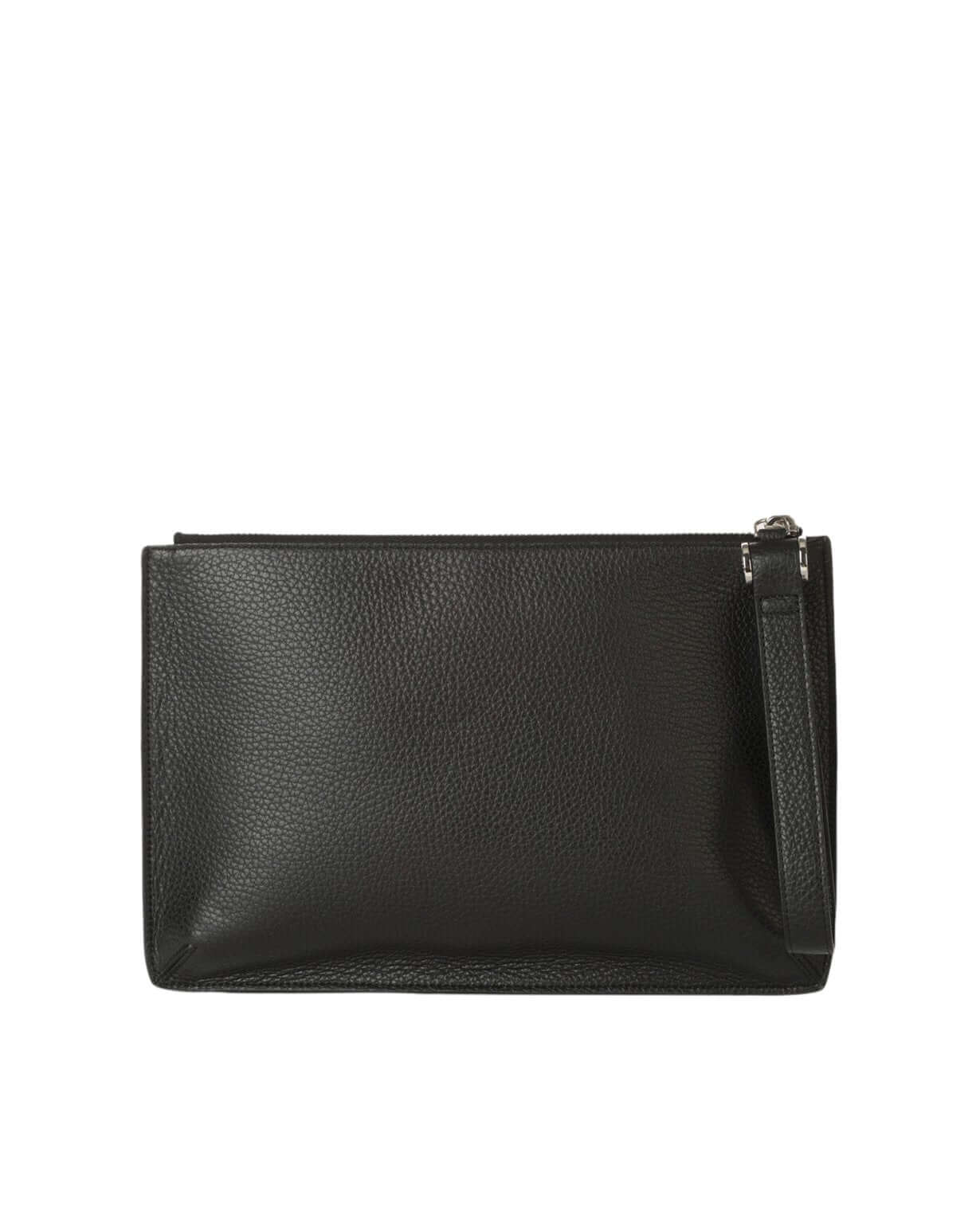 Pochette Micron in Pelle nera con polsiera, 25cm x 14cm, pelle martellata, protezione RFID, chiusura zip, Made in Italy.