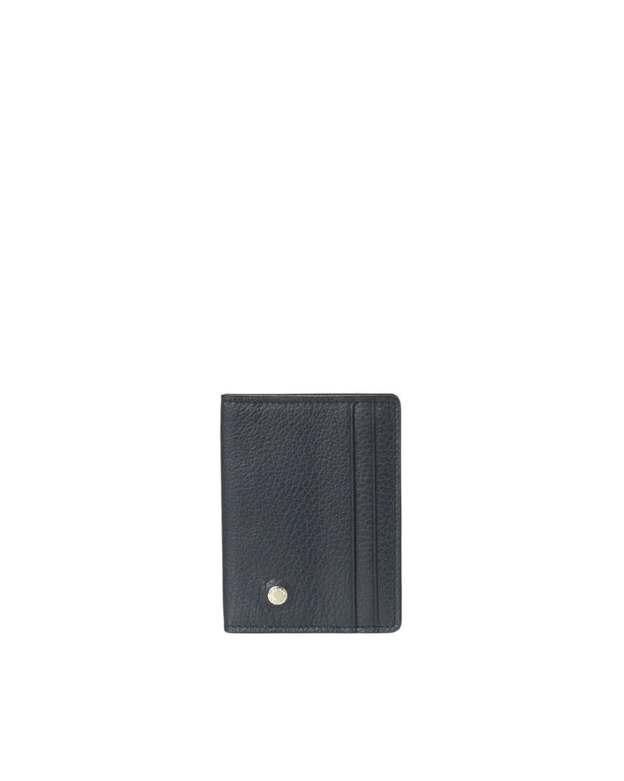 Black leather card holder with four external slots and six internal slots, compact size, made in Italy.