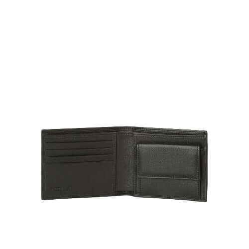 Portafoglio Liberty/Vanity in pelle nera, con fessure per carte e tasca porta monete, dimensioni 11x9,5x2 cm.