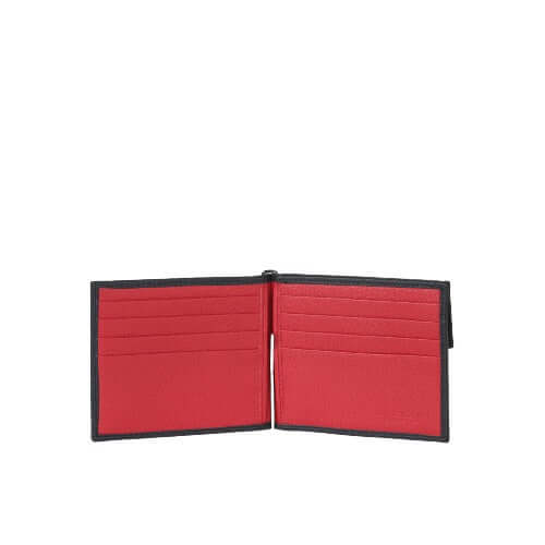 Portafoglio Micron in Pelle, aperto, con scomparti rossi per carte e contanti, design elegante e resistente.