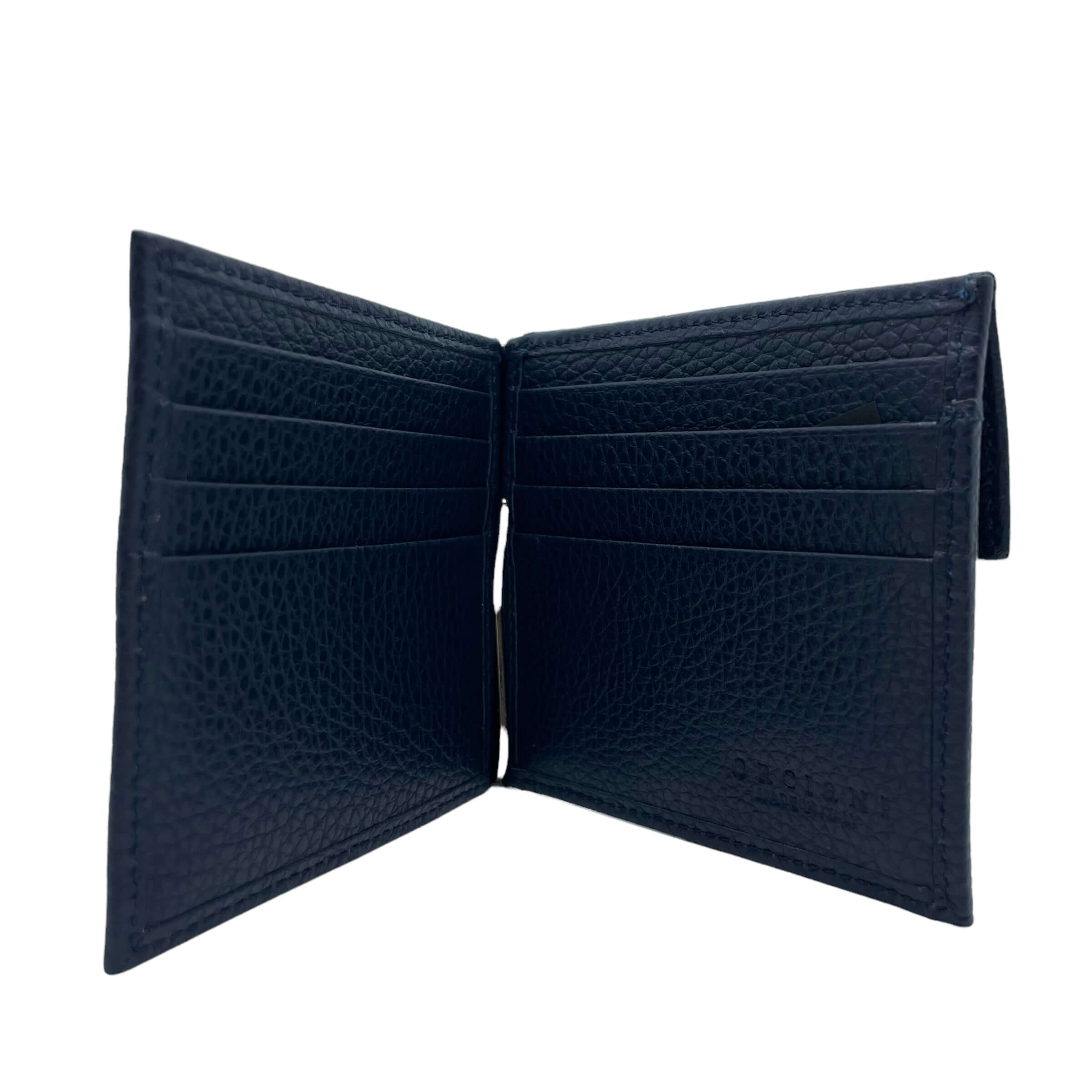Portafoglio Micron in pelle nera, interno con otto scomparti per carte e clip per banconote, protezione RFID.