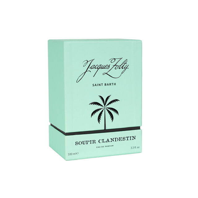 Soupir Clandestin Eau De Parfum, 100 ml, light blue box with palm tree design, Jacques Foly, Saint Barth.