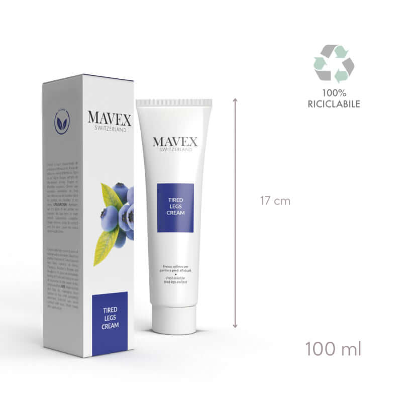 Packaging of Mavex Tired Legs Cream, 100 ml, featuring a refreshing formula for tired legs.