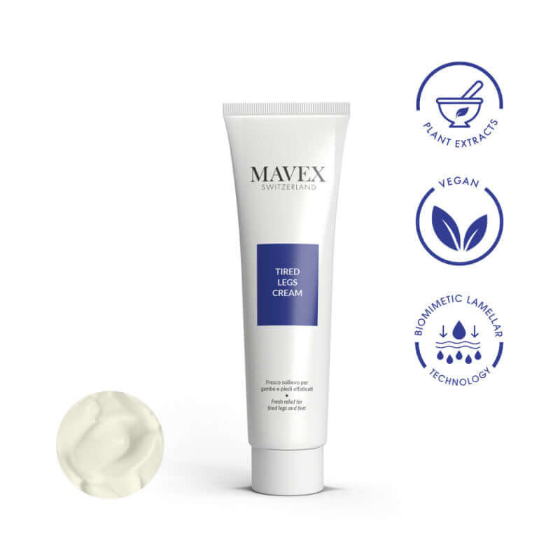 Mavex Tired Legs Cream tube with plant extracts, vegan, and biomimetic lamellar technology for leg relief.