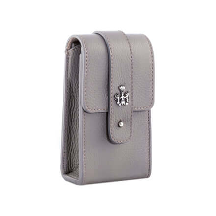 Travel Beauty Case Small in grey leather with logo, featuring dual compartments and front opening, dimensions 9x5.2x16.5 cm.