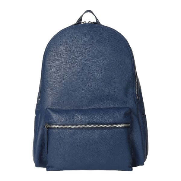 Elegante zaino Micron in pelle, colore blu, con tasca frontale e chiusura a zip, ideale per uso quotidiano.