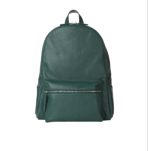 Zaino Micron in Pelle verde, dimensioni 33x40x14 cm, tracolle regolabili, chiusura zip, made in Italy.
