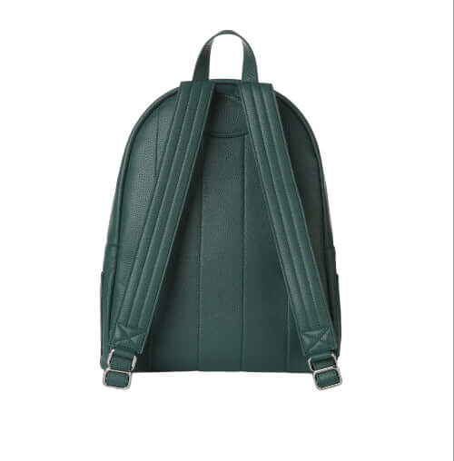 Zaino Micron in pelle verde con tracolle regolabili e finitura palladio, Made in Italy.