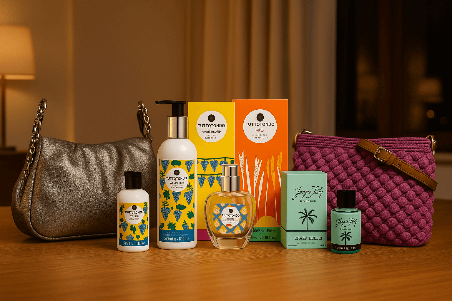 Scelte holiday Tiarè Luxury - beauty products and stylish bags on wooden surface.