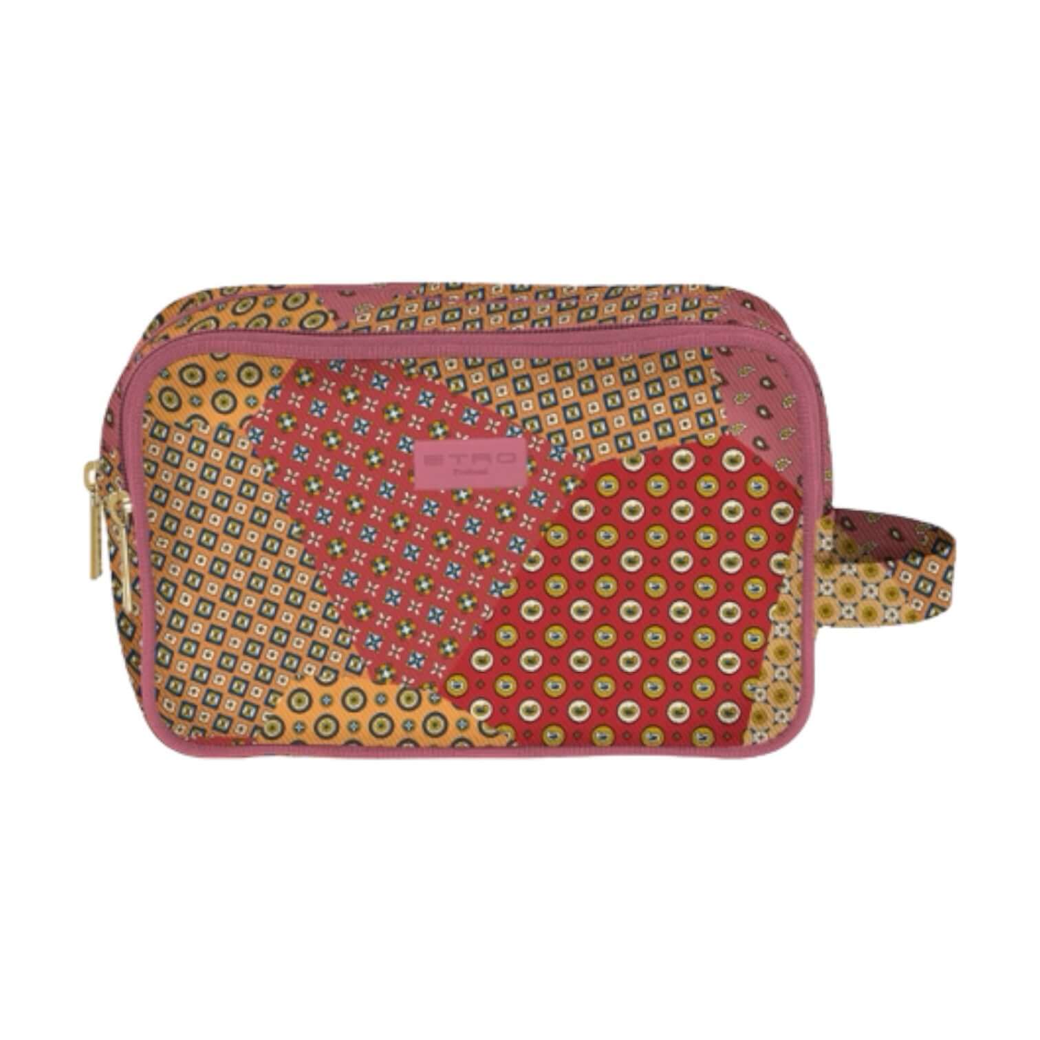 Necessaire con maniglia ETRO, ideale per accessori da viaggio, design colorato e chiusura zip, misure 26x16x9 cm.