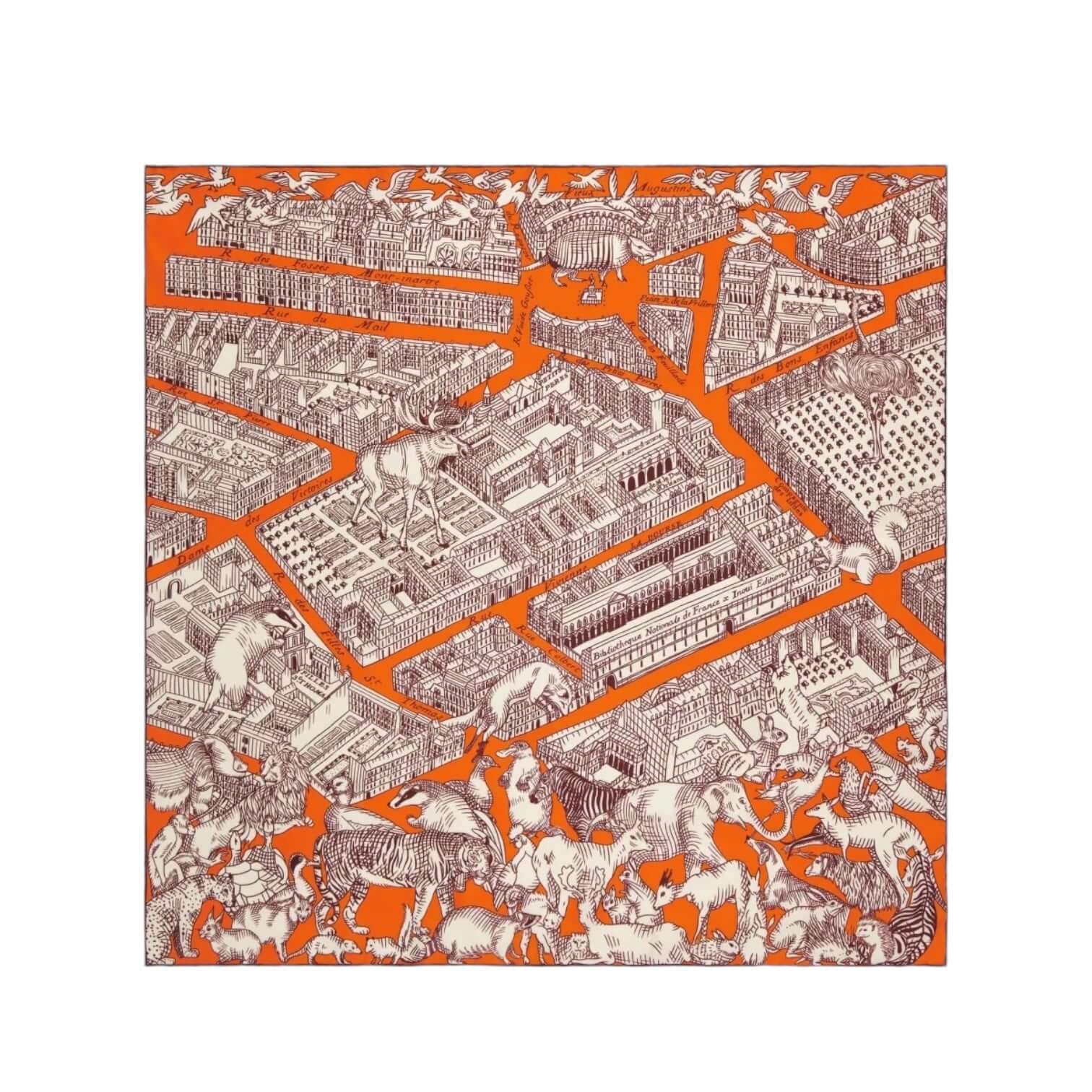 Foulard Quadrato Turgot Orange featuring intricate animal illustrations on an orange background, perfect for versatile styling.