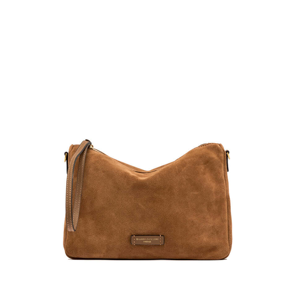 NORA POUCH in brown suede by Gianni Chiarini, featuring removable straps and zip closure, ideal for online shopping.