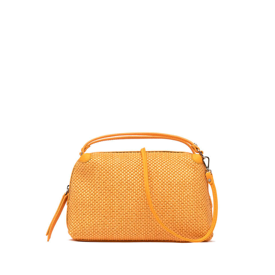 Borsa Alifa di Gianni Chiarini, in paglia intrecciata gialla, con doppio manico e tracolla in pelle.