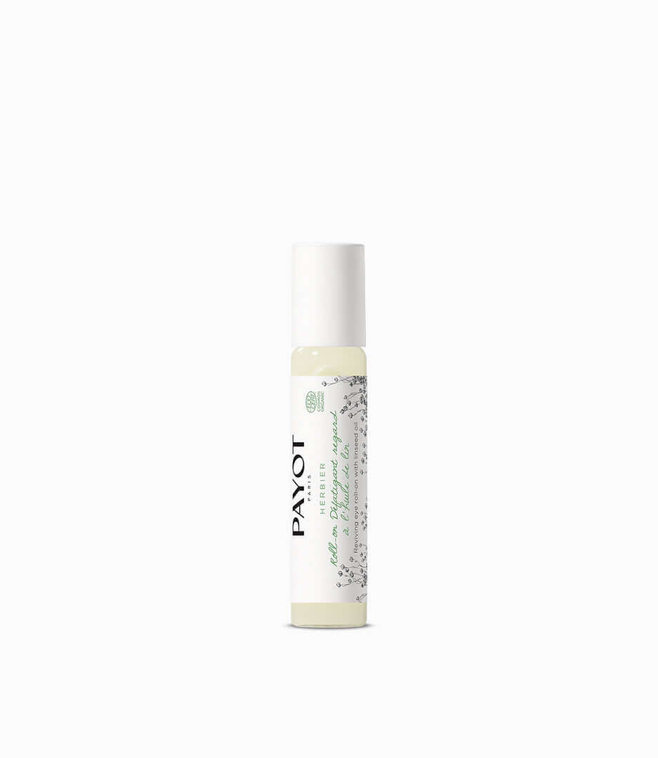 Roll-on antirughe contorno occhi PAYOT con olio di semi di lino, formula naturale, 99,3% ingredienti naturali.